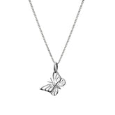 Silver butterfly pendant on a chain against a white background